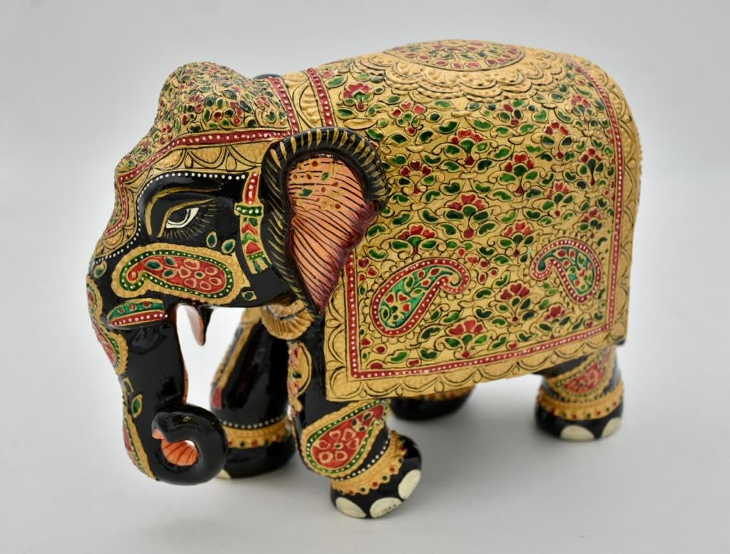 Elephant Statue 8 Inch handmade wooden Trunk Up real gold foil work Art