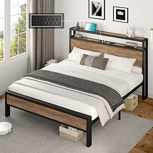 AMERLIFE Full Size Bed Frame Industrial Platform Bed with Charging Station, 2-Tier Storage Headboard/No Box Spring Needed/Noise-Free/Rustic Grey