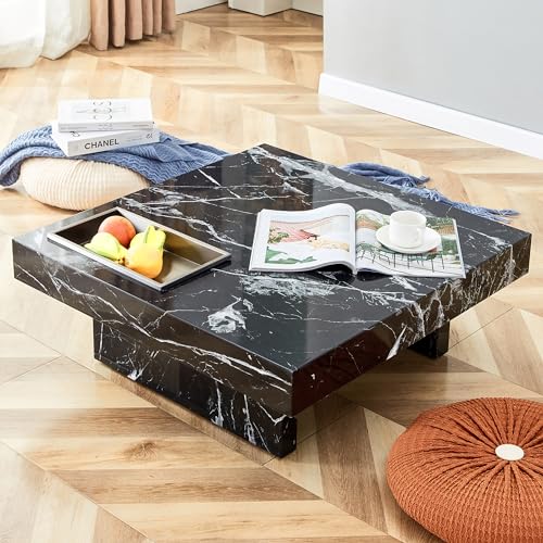 White Marble End Table, Elegant Small Sofa Couch Bed Side Table, Modern Square End Side Table Nightstand Corner Table with Faux Marble Top for Living Room Bedroom Office, Fully Assembled