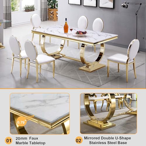 Henf White Marble Dining Table Set for 6, 7 Piece Modern Faux Marble Kitchen Dining Table and 6 Grey Velvet Upholstered Chairs w/Stainless Steel Legs, Luxury Gold Kitchen Dining Table and Chairs Set