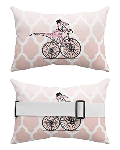 Outdoor Lumbar Pillow for Chaise Lounge Chair Dinosaur Ride Bike Head Resting Pillow Cartoon Green Moroccan Decorative Pillow with Adjustable Strap for Patio Recliner Office Sofa 2 Pack 12x20 inch
