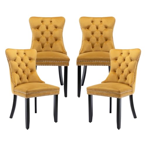 Velvet Dining Chairs Set of 4,Upholstered Dining Chairs with Ring Pull Trim and Button Back,Modern Seating for Kitchen, Bedroom & Living Room(Grey)