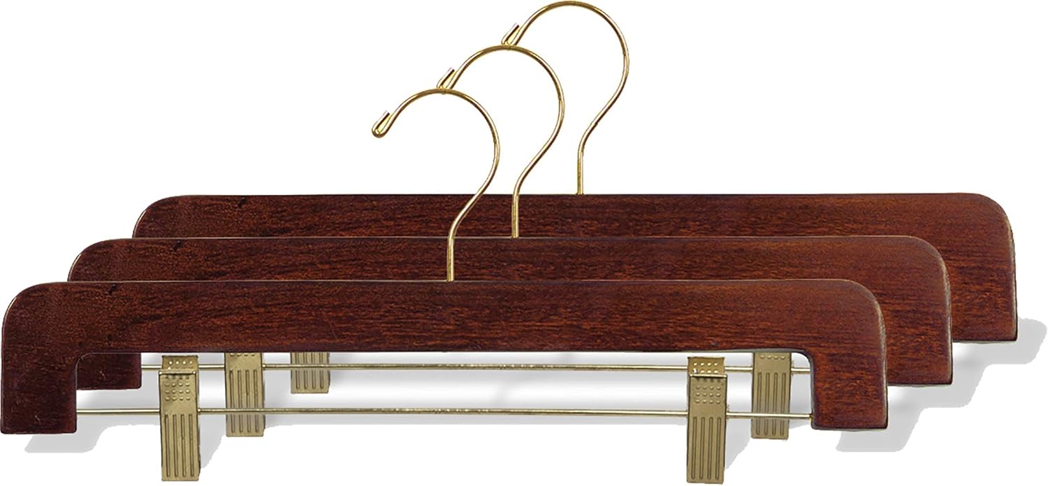 Deluxe Wooden Bottom Hanger w/Clips, Walnut Finish with Brass Hardware, Box of 25 by The Great American Hanger Company