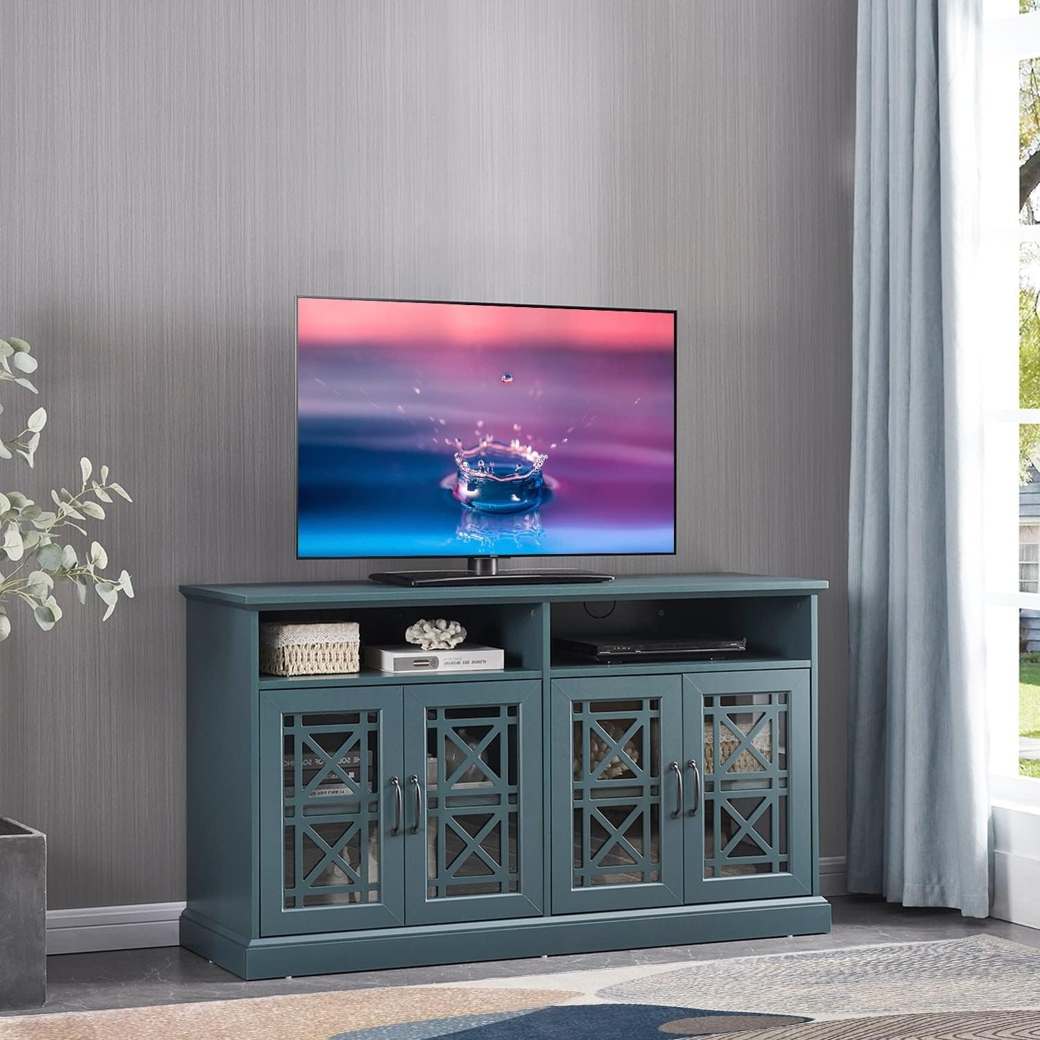 Teal Versatile Usage Storage Cabinet W/Adjustable Shelves and Cord Holes Tv Stand Console Table Sofa for Dining Green Casual Modern Contemporary MDF Glossy Wood Finish Handmade