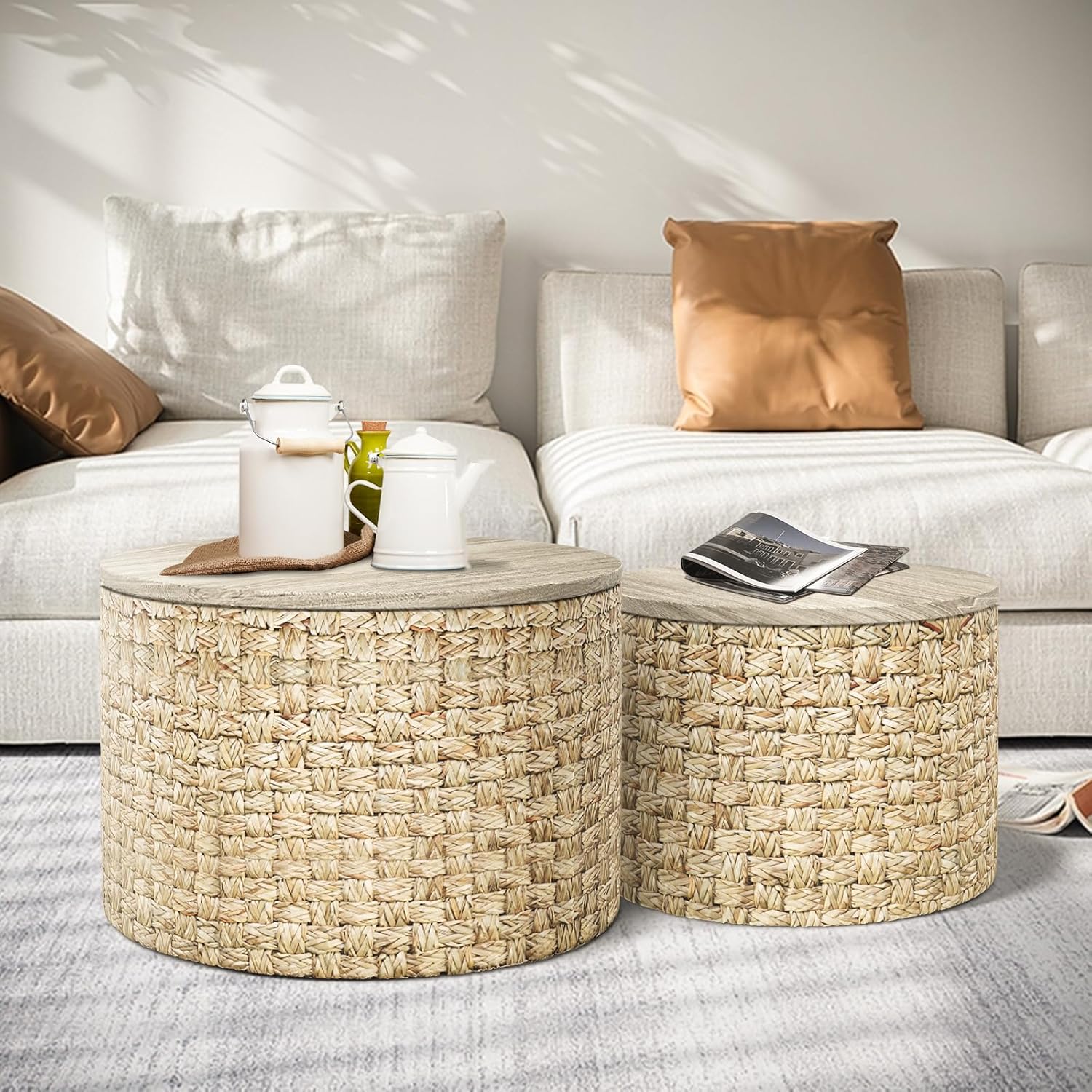 FINECASA Round Coffee Table with Storage, Farmhouse Coffee Table and End Table Sets, Country Rustic Storage Round Coffee Table Hand-woven Seagrass Coffee Table for Living Room (Set of 2)