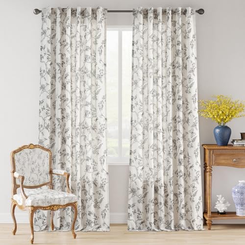 Lazzzy Blue Floral Curtains 108 Inch Length Linen Farmhouse Curtain Back Tab Drapes for Living Room Bedroom Light Filtering Vintage Rod Pocket Curtains, 2 Panels, Blue on Beige