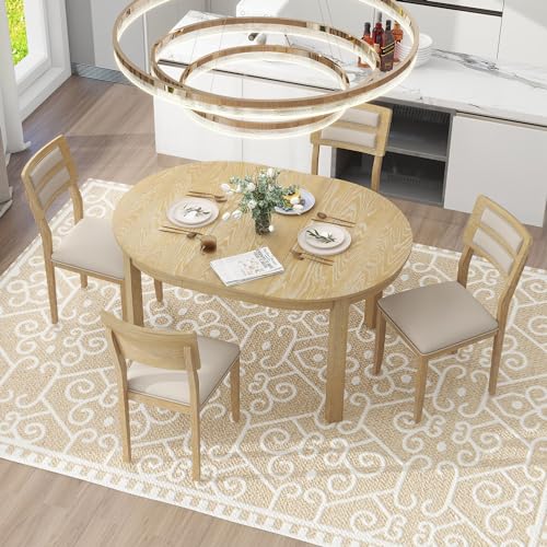 5-Piece Dining Table Set,Farmhouse Dining Set with Extendable Round Table, Modern Space Saving Kitchen Table with Upholstered Dining Chairs for Living Room,Natural Wood Wash