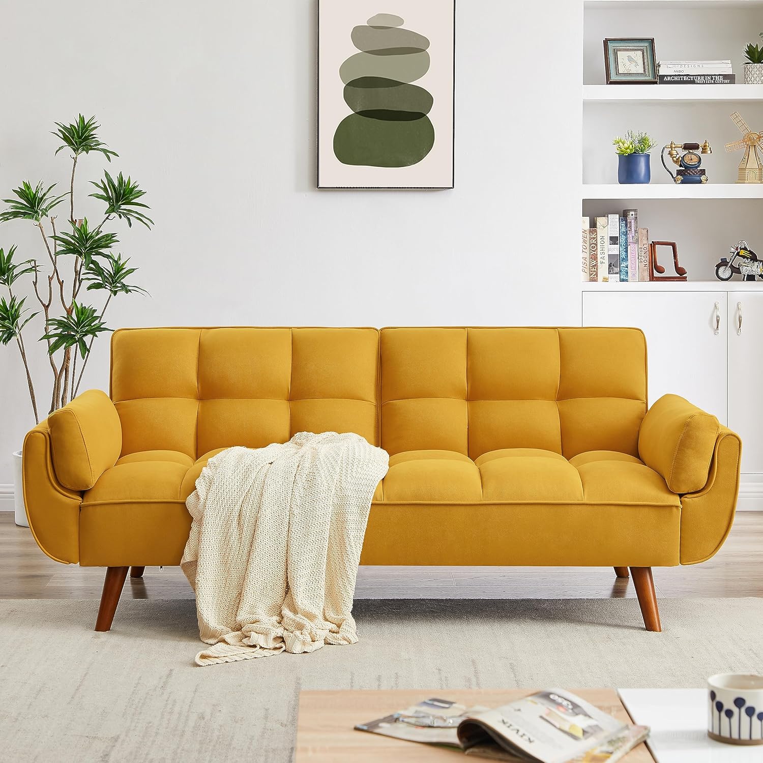 Linen Upholstered Sleeper Futon Sofa Bed, Convertible Folding Loveseat RV Couch, Versatile 2 Seater Love Seat Sofabed Sofacama with Wooden Legs for Living Room, Apartment, Office,Small Places