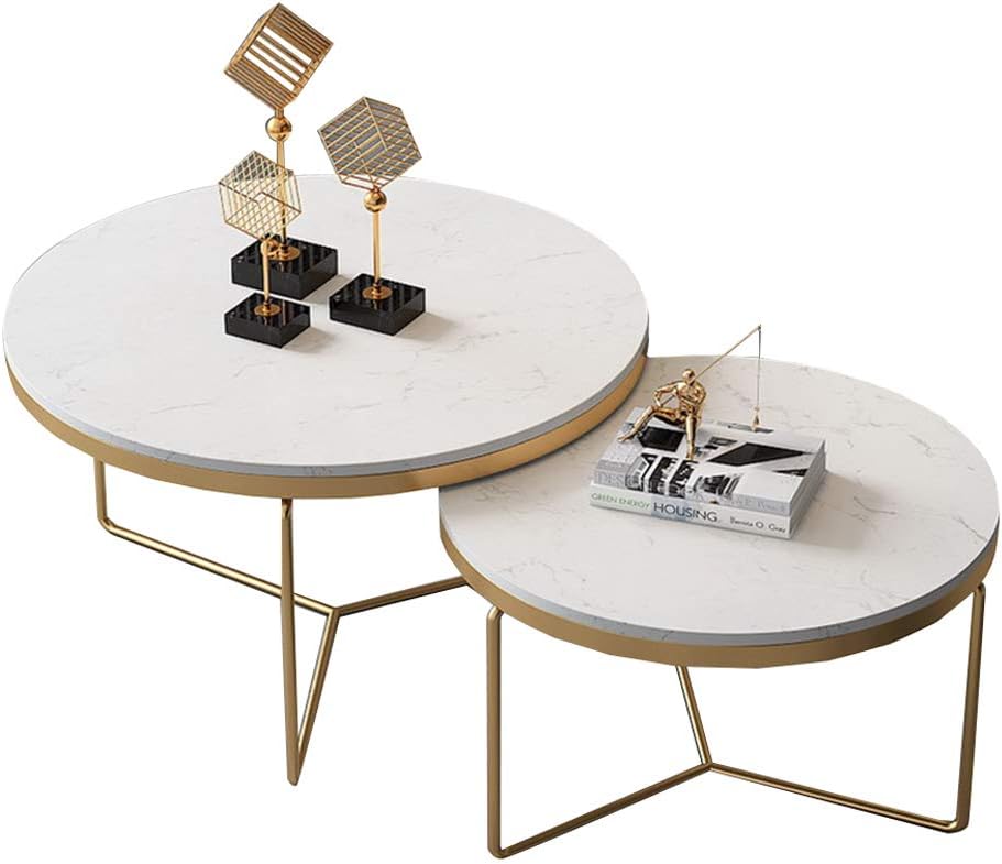 Set of 2, Nest of Tables - Nesting Tables Coffee Table Marble Top and Metal Legs Living Room Furniture Modern Design (Large 80cm and Small 60cm)