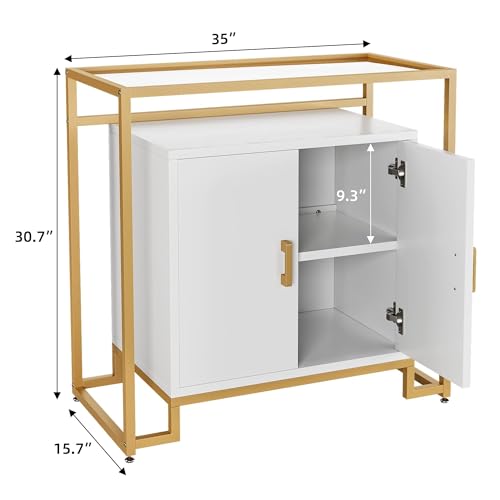 IDEALHOUSE 2024 New Sideboard Buffet Cabinet, Storage Cabinet with 2 Doors, Accent Console Table with Storage Space & Steel Frame and Tempered Glass Top, Nightstand for Bedroom, Kitchen, Office