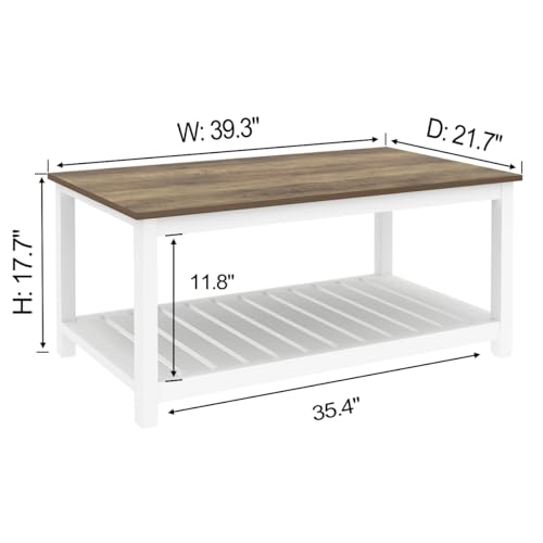 FOLUBAN Farmhouse Coffee Table, Modern Rectangle Center Table with Storage Shelf, Rustic Wood Cocktail Tea Table for Living Room, 40 Inch, White & Walnut