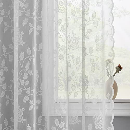 Grey Lace Curtains 84 Inches Long 2 Panels Set, Rustic Vine Floral Embroidery Gray Sheer Lace Curtains for Living Room, Rod Pocket Privacy Scalloped Lace Window Panels, 52 x 84 Inch, Grey