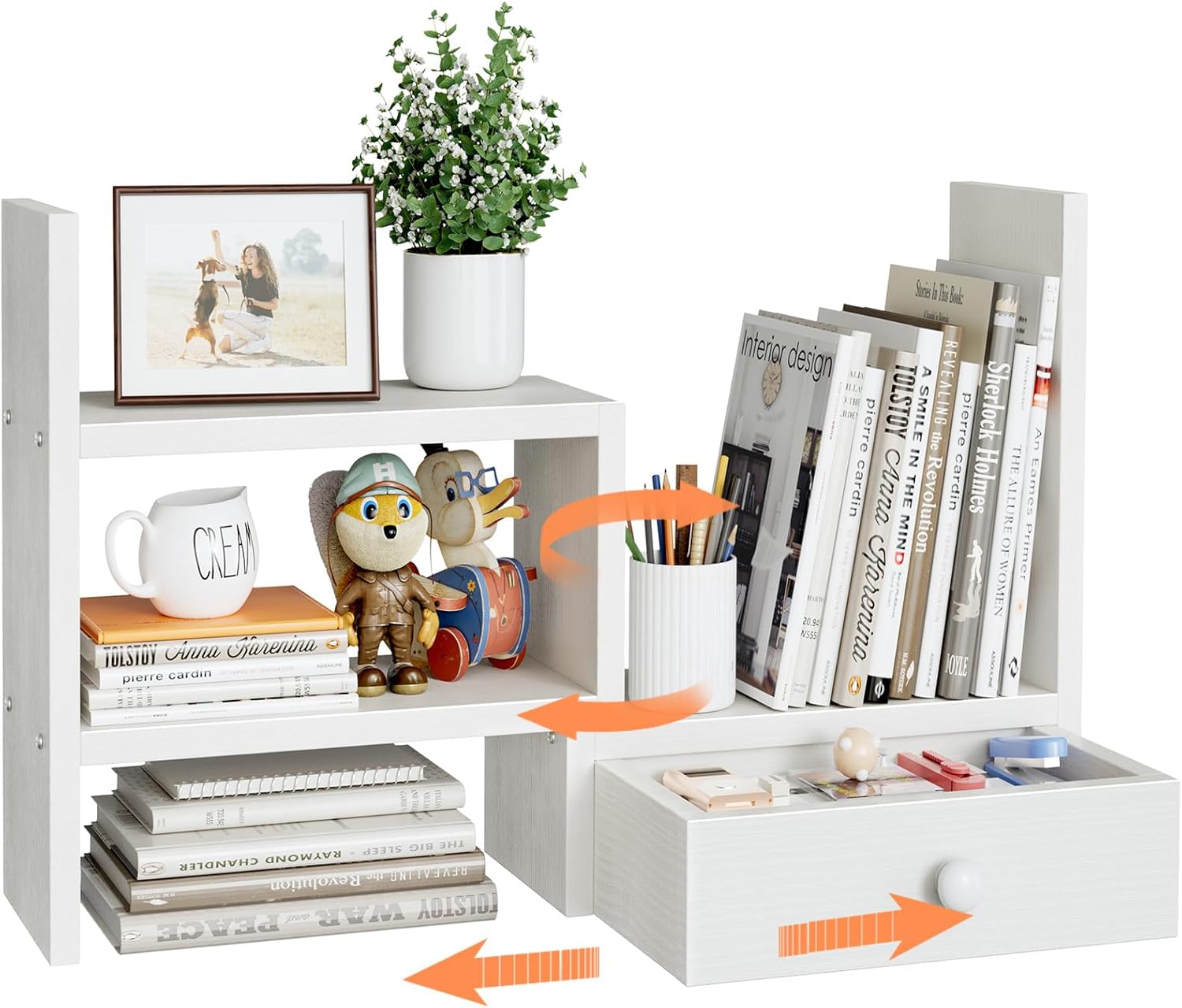 Desk Organizer Shelf White - Desk Shelf for Top of Desk Desktop Bookshelf for Desk Shelves with Drawers Corner Table Top Shelving Small Hutch Decorations for Women Office