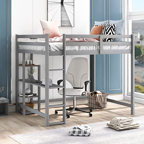RUNNA Twin Size Loft Bed with Storage Shelves and Under-Bed Desk,Loft Bed Frame with Full-Length guardrail and Built-in Ladder,Wood Loft Bed for Kids/Teens/Adults,No Box Spring Needed (Gray+1)