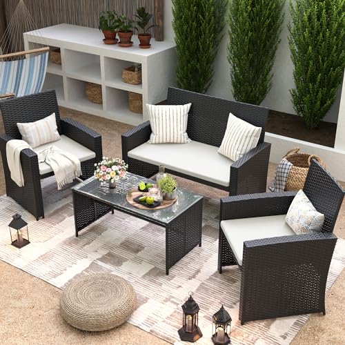 Wide Armrest Outdoor Patio Furniture Set,4 Pieces Rattan Sectional Sofa with Tempered Glass Coffee Table and Cushions for Family Gatherings,Balcony Porch Garden(Black/Cream)
