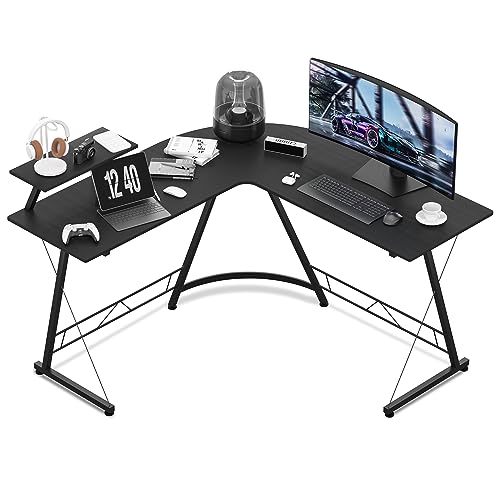 MoNiBloom L Shaped Gaming Desk Computer Corner Table with Metal Frame, L Desk Workstation for Home Office, Space-Saving, Black