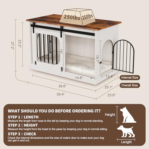 XL Dog Kennel Furniture,39.4 Inch Farmhouse Crate Furniture with Cushion Decorative White Dog Kennel Indoor Thick Wooden Pet House End Table Modern Cage Furniture for Small/Medium/Large Dog