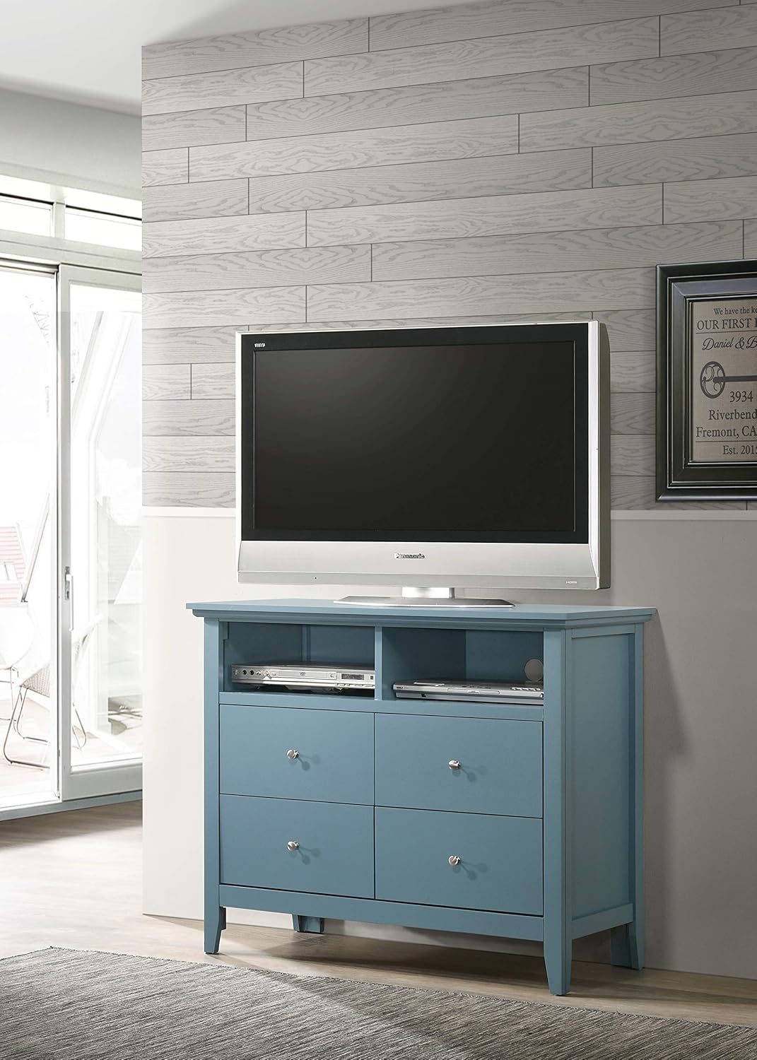 Glory Furniture Hammond Wood Veneer 4-Drawer TV Stand in Teal