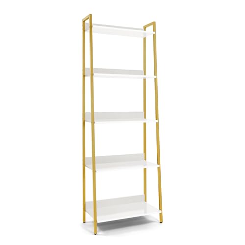 CAPHAUS 24 Inch Width 5-Tier Ladder Shelf, Free Standing Bookcase with Open Shelves, Storage Rack Organizer, Industrial Book Shelves for Living Room, Home Office, Kitchen, White Wooden Shelves