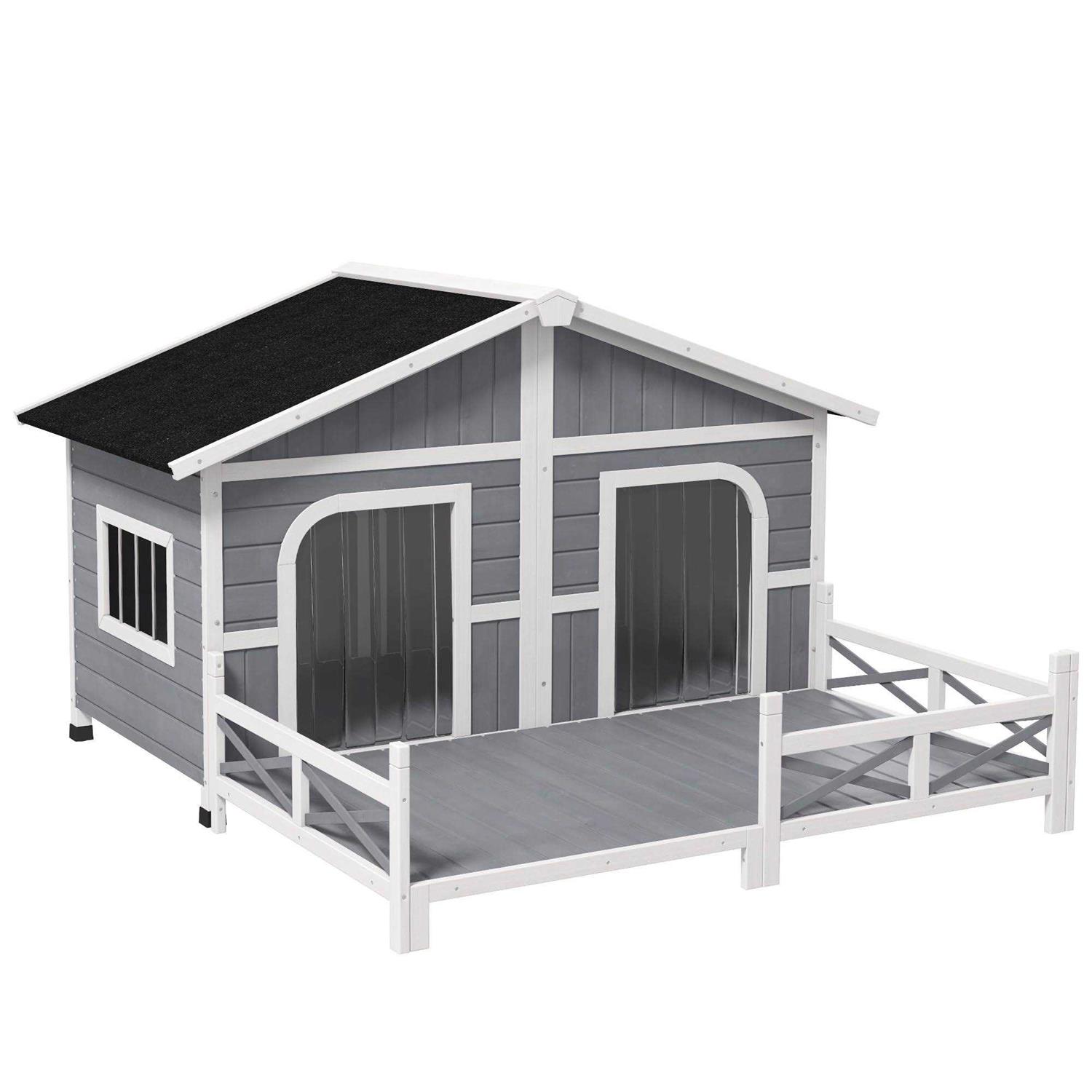 PawHut 59x64x39 Wood Large Dog House Cabin Style Elevated Pet Shelter w/Porch Deck - Pet Supplies online store