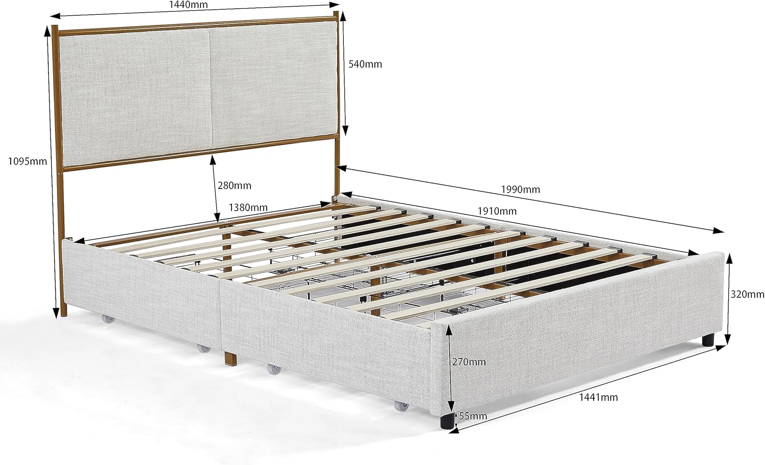 Full Size Bed, Classic Steamed Bread Shaped Backrest, Metal Frame, Solid Wood Ribs, with Four Storage Drawers, Sponge Soft Bag, Comfortable and Elegant Atmosphere, Light Camel