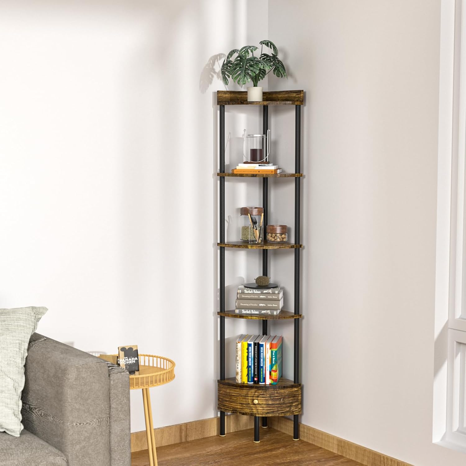 Nidouillet 5-Tier Stand Corner Shelf with Drawer, Corner Display Shelf, Wall Corner Multi Unit Organizer, for Living Room&Bedroom&Bathroom&Kitchen, 65inch