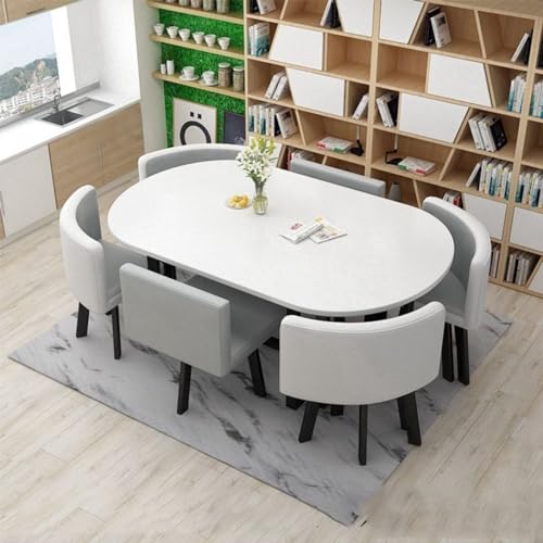 MAxba 90 * 150cm Oval Conference Dining Table and 6 Chairs Business Office Reception Table Set,PU seat surface,Wooden table top,Metal Frame (Color : Grey)