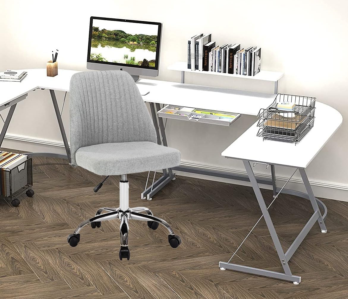 Home Office Desk Chair, Vanity Chair, Modern Adjustable Low Back Rolling Chair, Twill Upholstered Cute Office Chair, Desk Chairs with Wheels for Bedroom, Classroom, Vanity Room (Light Grey)