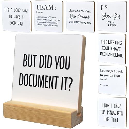 8-in-1 Office Decor Plaques with Wooden Base - Motivational & Funny Office Phrases for Home Office Desk, Shelf or Cubicle - Funny Office Gifts for Co-workers - Womens Office Decor, Motivational Decor