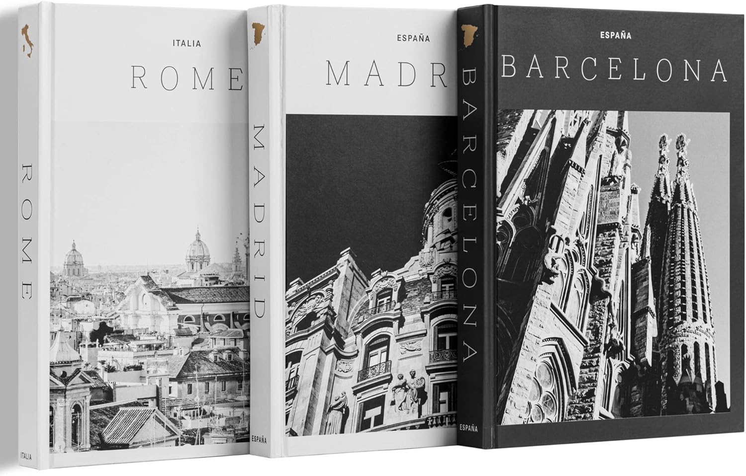 Set of 3 XL Decorative Blank Book Set - Hardcover Books for Decoration - Great for Tabletops, Coffee Tables, and Bookshelves - Minimalist Home Decor - City Theme - Madrid, Rome, Barcelona