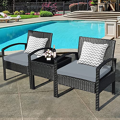 Tangkula 3 Piece Patio Conversation Set, Outdoor Rattan Sofa Set with Seat Cushions & Coffee Table, Patio Wicker Furniture Set for Garden Balcony Backyard Poolside (Turquoise)
