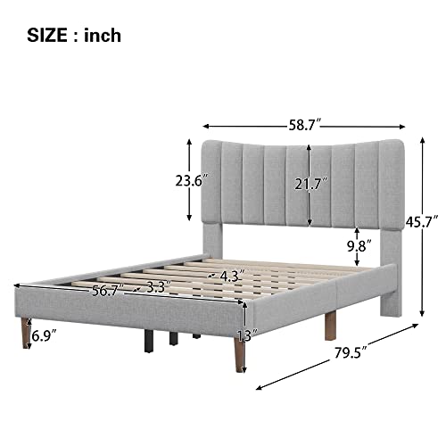Modern Queen Size Upholstered Bed Frame with Vertical Channel Tufted Headboard, Linen Bed Frame Queen Platform Bed for Bedroom Guest Room w/Solid Wood Slat Support, No Box Spring Needed (Cream, Queen)