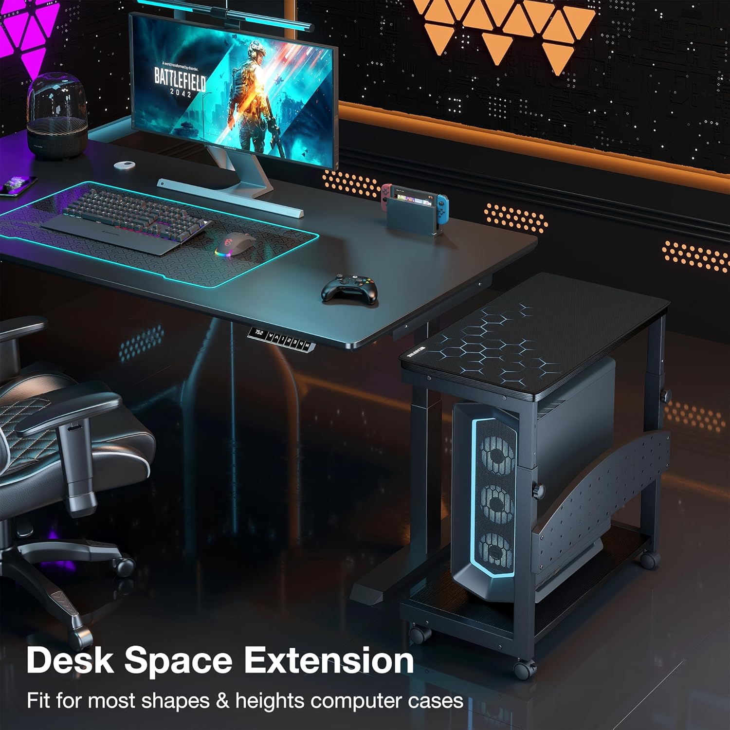 Height Adjustable Computer Tower Stand, 2-Tier PC Stand CPU Cart Under Desk Mobile Laptop Desk Side Table Gaming Case Holder w/Rolling Wheels