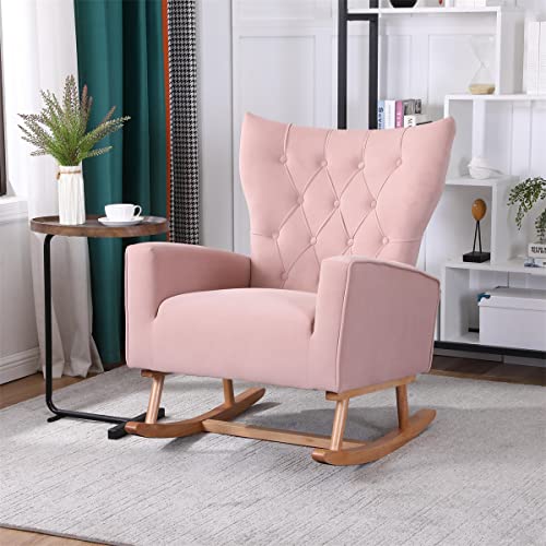 TRIPLE TREE High Back Rocking Chair, Accent Rocking Armchair with Tufted Wing Back and Rubber Wood Legs, Modern Nursery Chair Velvet Rocker Sofa Chair for Living Room, Bedroom, Apartment, Pink