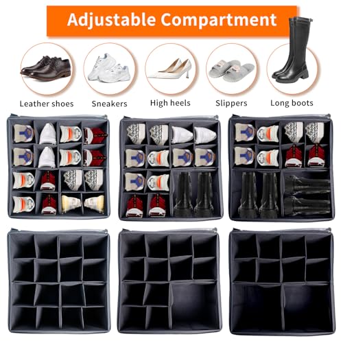 Shoe Organizer for Closet - Fabric Shoe Organizer with Clear Cover, Adjustable Dividers for Shoe Storage, 1-Pack, Space-Saving Shoe Organizer Closet Fits up to 16 Pairs (Gray)