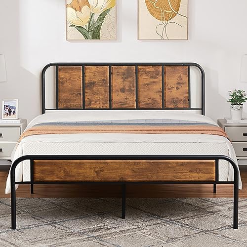 VECELO Queen Size Metal Platform Bed Frame with Wooden Headboard and 4 Storage Drawers/Steel Slat Support/No Box Spring Needed/Easy Assembly