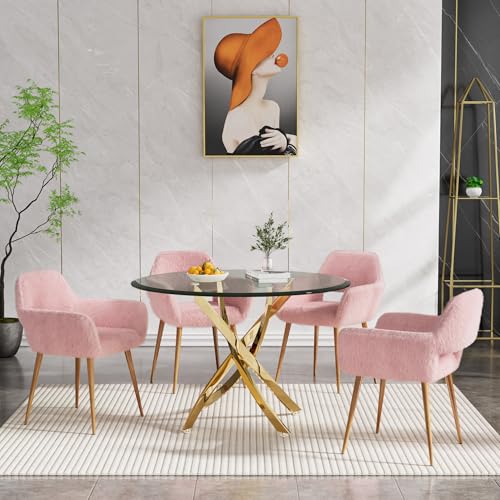 Round Glass Dining Table Set for 4, 5-Piece Dining Table Set, 36 Inch Round Gold Dining Table and Camel Velvet Upholstered Chairs, Dining Room Table Set for 4 for Small Spaces