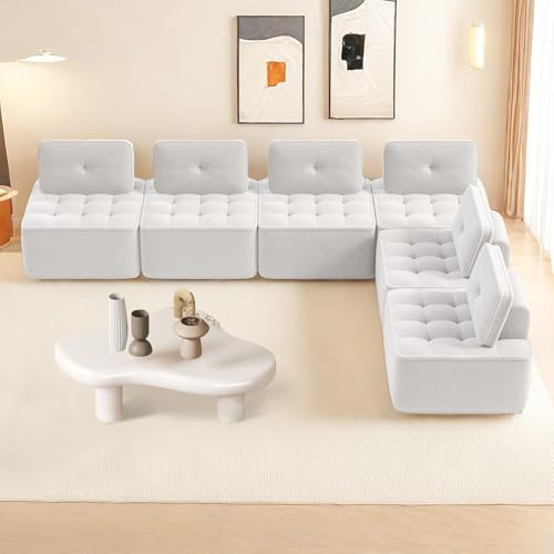 L Shaped Modular Sectional Sofa, 6 Seats Modular Couch with Reversible Chaise, Soft Lamb Wool Oversized Sectional Sofa Couch Set for Living Room, Office (6PCS)