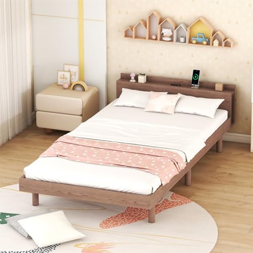 Double Bed Frame with Headboard and Sturdy Wooden Slats-with USB, No Spring Box Required, Easy to Assemble (Grey)