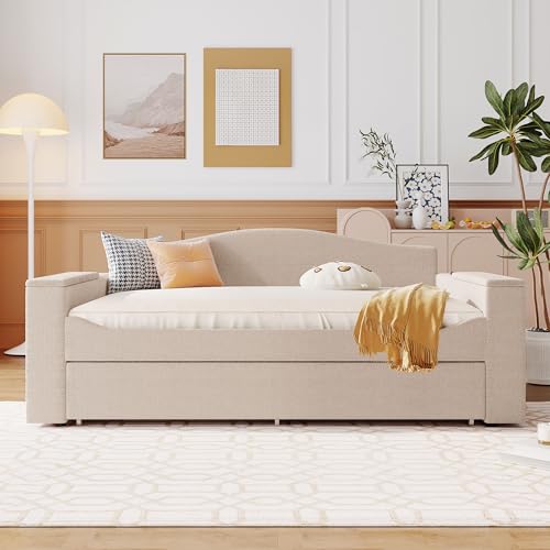 Upholstered Daybed Sofa Bed with Trundle and LED Light, Full Size Wood Daybed Frame with Curved Backrest and Armrests for Kids Adults Bedroom Furniture, Teddy Fleece Smart LED Bed (Beige)