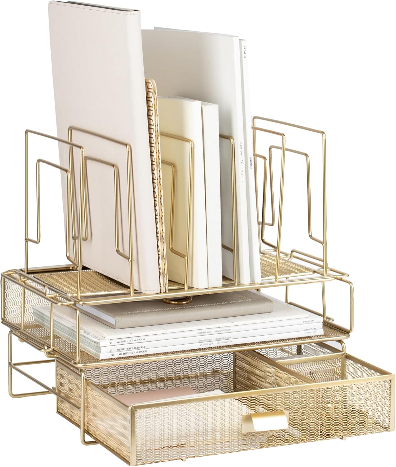 Gold Desk Organizer - Gold Desk Accessories for Women Office Set Includes Detachable File Organizer, Stackable Paper Tray, Stackable Drawer - Gold Office Supplies for Desk Gold File Organizer for Desk