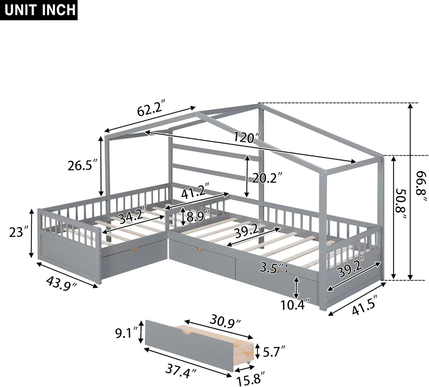 Bellemave L-Shape House Beds with Storage Drawers Two Twin Size Platform Bed Fence Railings Wood Corner Frame Montessori Decorative Panels Tent for Kids Boys Girls Teens, Gray