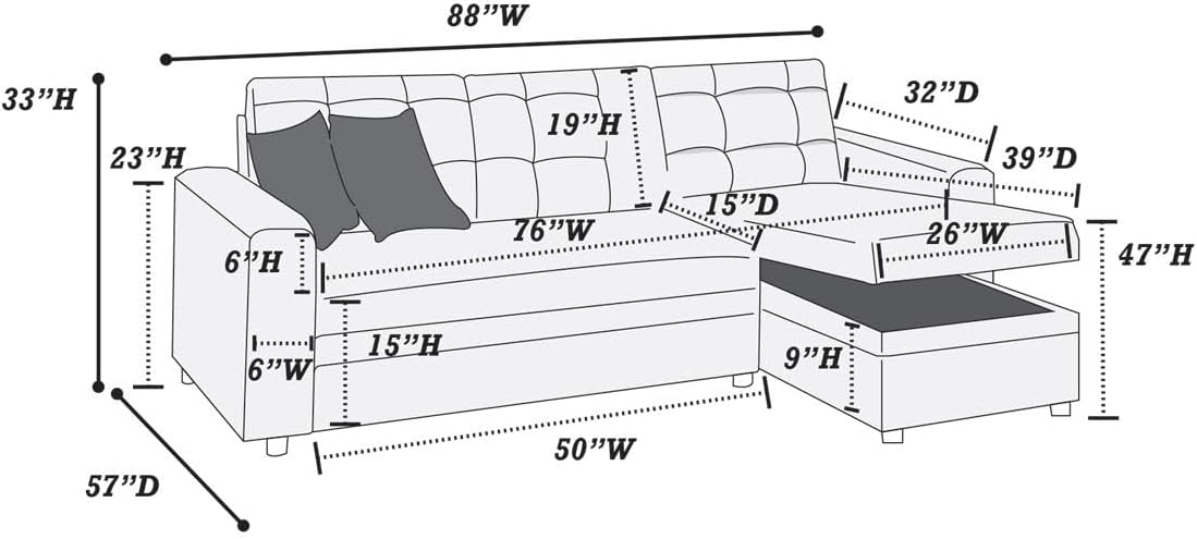 Blue Grey Convertible Sectional Pull Out Bed Sofa Chaise Reversible Storage Chaise Polyfiber Tufted Couch Lounge
