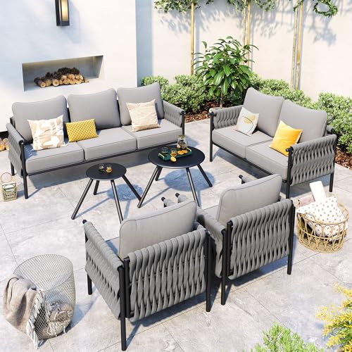 Metal Outdoor Patio Furniture Set, 6 Pieces Modern Outdoor Conversation Furniture Sets w/2 Coffee Table, Outside Furniture with High-Resiliency Sponge Cushions for Porch, Balcony, Backyard
