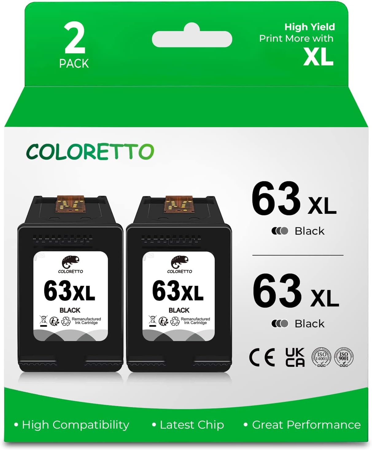 COLORETTO Remanufactured Printer Ink Cartridge Replacement for HP 63XL to use with Envy 4520 4516 Officejet 5255 5258 DeskJet 1112 3632 3639 1112 2130 3632 3633 3634 (2 Black) Combo Pack