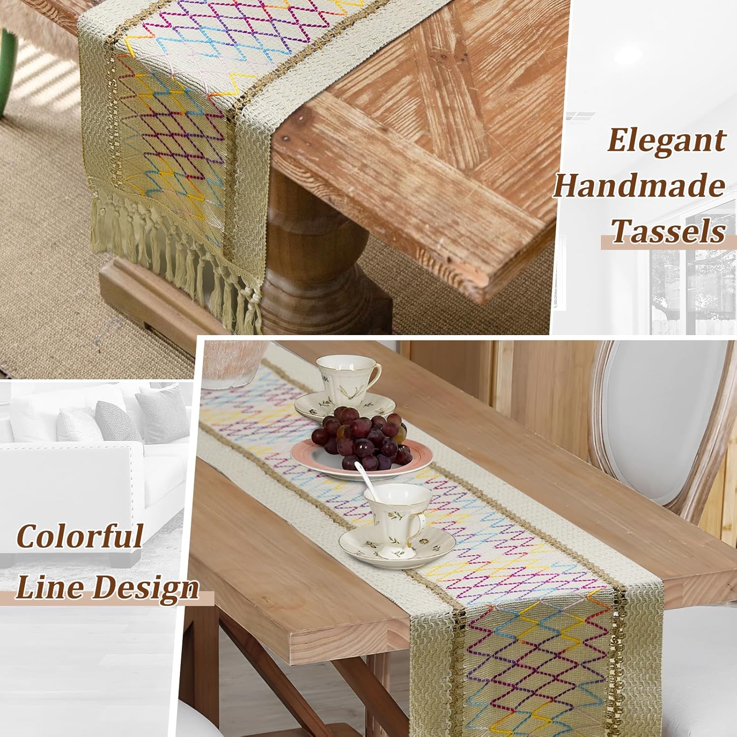 OSVINO Table Runner for Home Decor 72 Inches Boho Handmade Tassels Table Runners Natural Cotton Woven Runner for Holiday Party Bridal Shower Wedding Dining Decorations