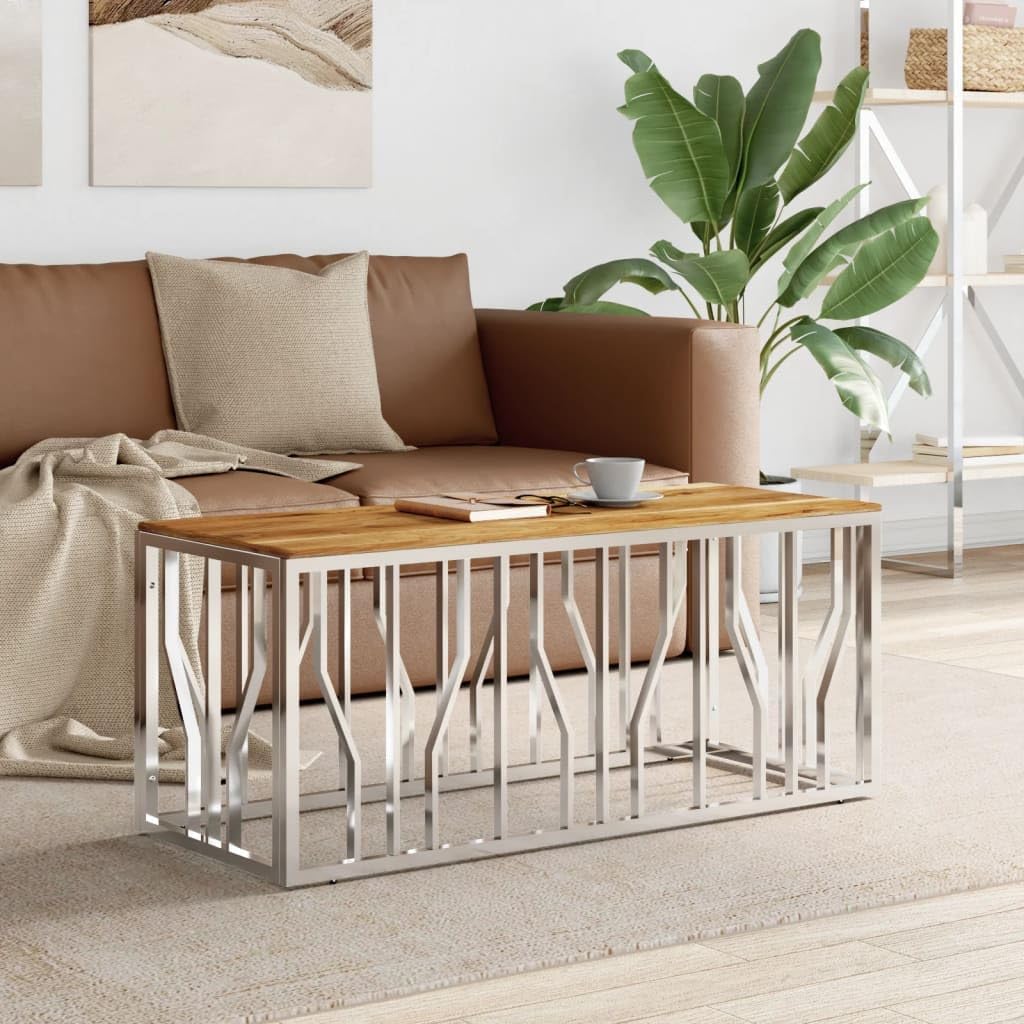 Modern Coffee Table with Storage, Farmhouse Coffee Tables, Space Saving Living Room Tables Silver Stainless Steel and Solid Wood Acacia