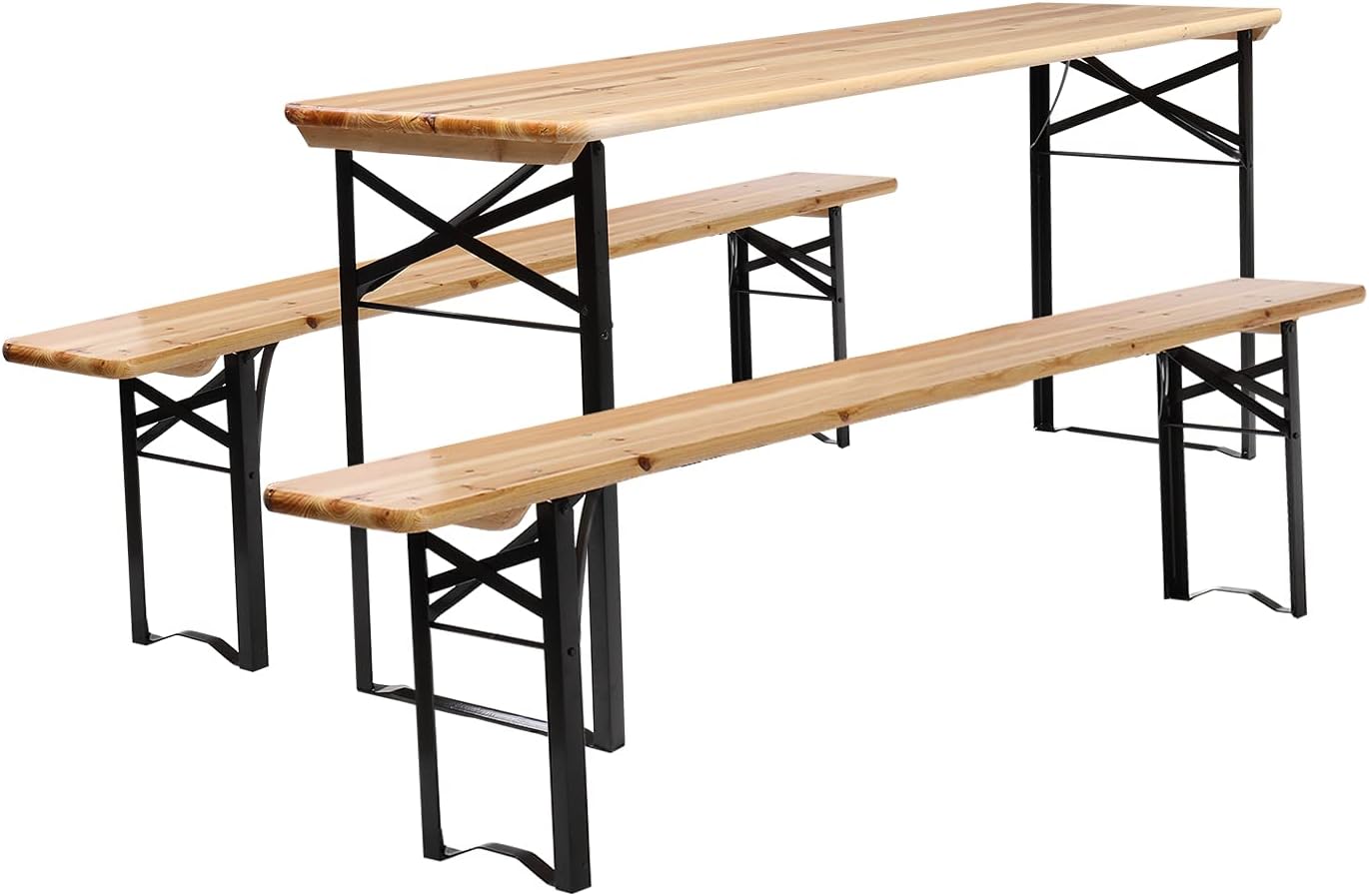 70” 3-Piece Wooden Picnic Table Bench Set,Portable Folding Picnic Beer Table with Seating Set Wooden Top Picnic Table for Patio Outdoor Activities Garden Use, 30” Table Height