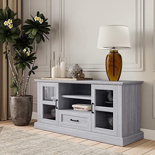 BELLEZE Rustic 62 Inch Modern TV Stand Fits TVs Up to 70 Inch, Storage Entertainment Center Console with Window Pane Glass Cabinet Doors and Adjustable Shelves - Trussati (Rustic Gray)