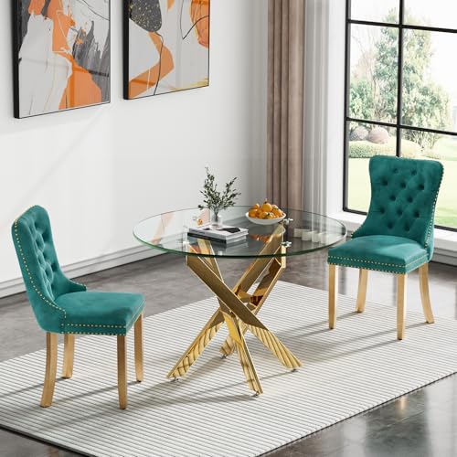 Henf 5 Piece Round Glass Dining Table Set, Tempered Glass Kitchen Dining Table Set for 4 Circle Kitchen Table and Chairs Set with 4 Blue Velvet Upholstered Chairs for Kitchen Dining Room Small Space